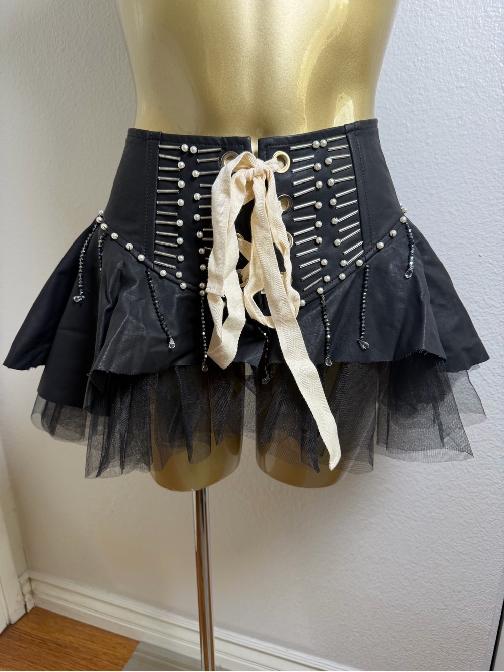 AKIRA Black Corset Lace-Up Mini Skirt with Cream Ribbon S